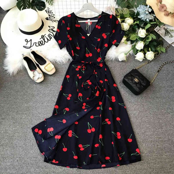 

casual dresses sweet cherries printed midi wrap chiffon short sleeved v neck cherry navy sashes a-line women mnnw, Black;gray