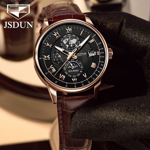 

jsdun men mechanical watches brand luxury automatic leather waterproof sports moonfase relogio masculino8909, Slivery;brown