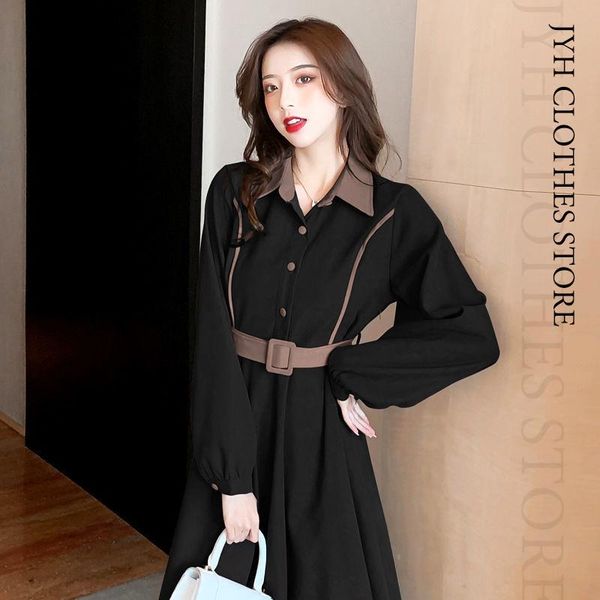 

casual dresses fashion long sleeve shirt dress women's vintage button midi female party robe lapel buttoned belted vestido maxi, Black;gray
