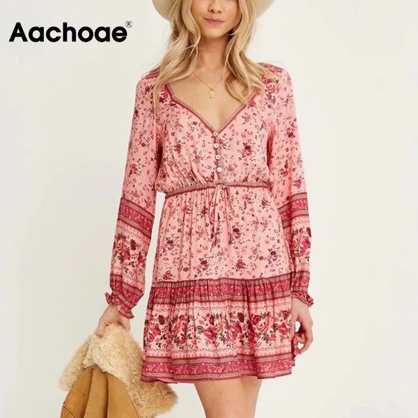 

women pink color floral print v neck boho beach long sleeve button pleated mini dress vestido de mujer 210413, Black;gray