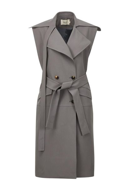

women's trench coats sleeveless double breasted belt split long vest, Tan;black