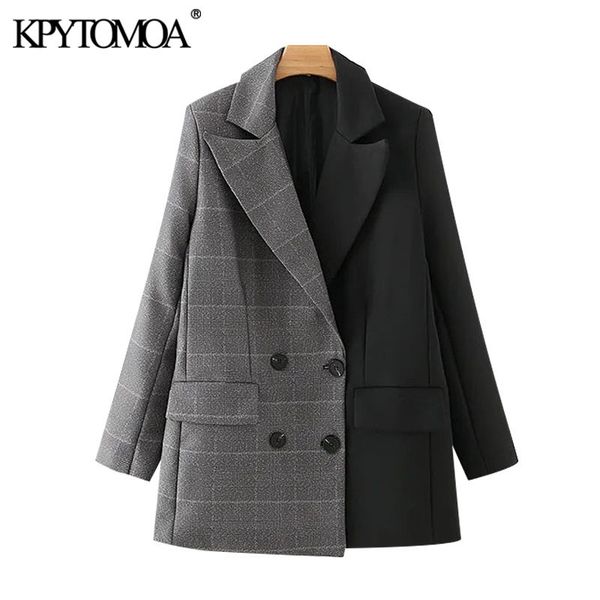 

women fashion double breasted patchwork blazer coat vintage long sleeve pockets female outerwear chic 210416, White;black