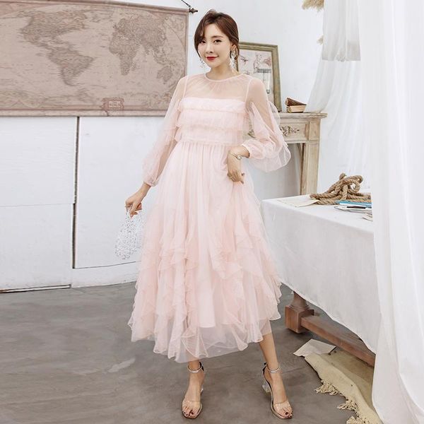 

casual dresses yigelila women a-line pink romantic dress o-neck butterfly sleeves ankle length tulle solid empire slim 65094, Black;gray