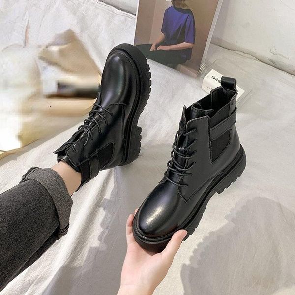 

boots 2021 winter autumn women's ankle mid-heel non-slip lace-up women shoes leather fashion buckle plus size, Black