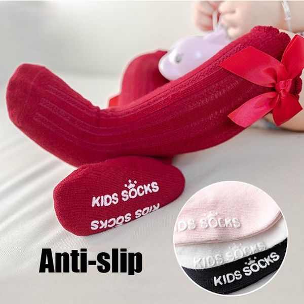

socks born children girl non-slip knee high sock spring autumn cotton infant toddlers 1 pair long bow lace stuff, Pink;yellow