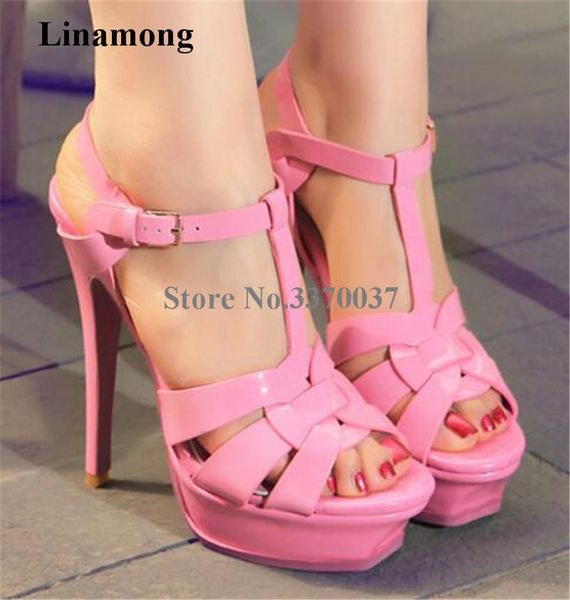 

classical style women fashion strap cross high platform thin heel sandals candy punk blue yellow patent leather sandal, Black