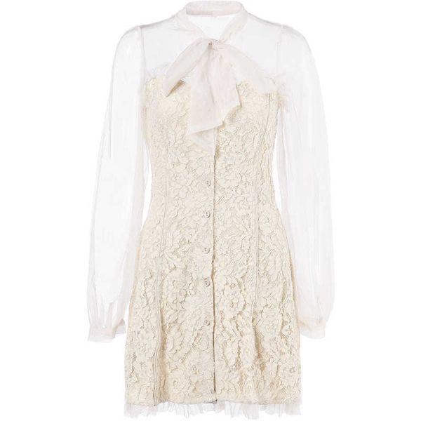 

perhaps u khaki gauze lace stitching empire bow collar long sleeve elegant short mini dress zipper autumn button patchwork d0837 210529, Black;gray