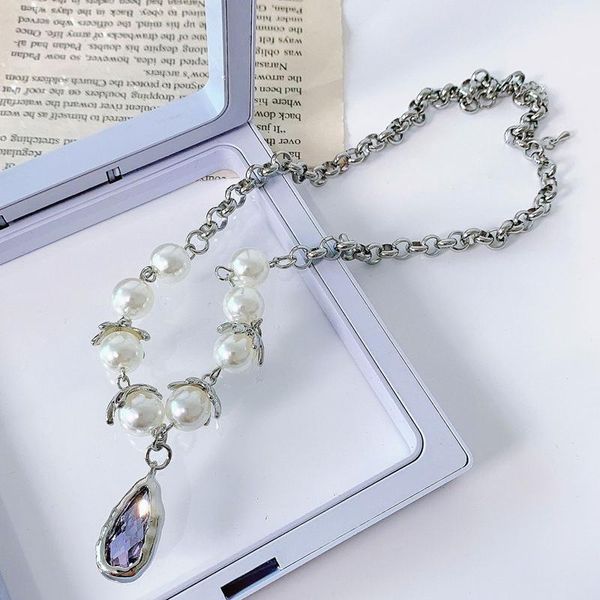 

pendant necklaces mwsonya fashion korea purple crystal pearl flower necklace for women water drop party jewelry gift, Silver