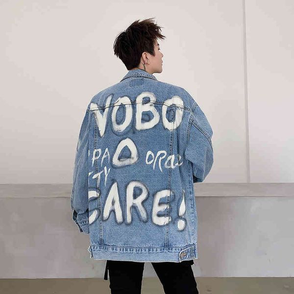 

men's jackets high street big english letter full print torn jeans of distressed men casual oversize denim jacket loose, Black;brown