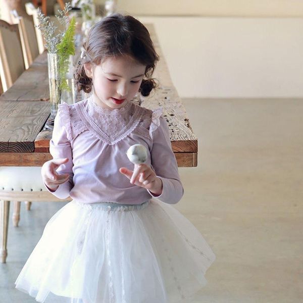 

spring autumn girls shirts long sleeve children blouse cotton for kids lace tee baby tees todderl botton clothing cl556 t-shirts, Blue