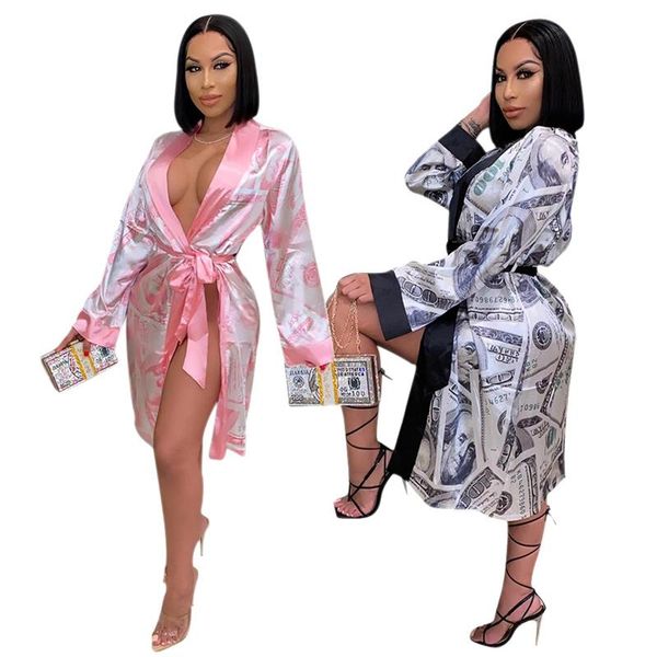 

money print silk bandage dress pajamas for women home 2021 fashion long sleeve v-neck irregular loose midi dreesess casual dresses, Black;gray