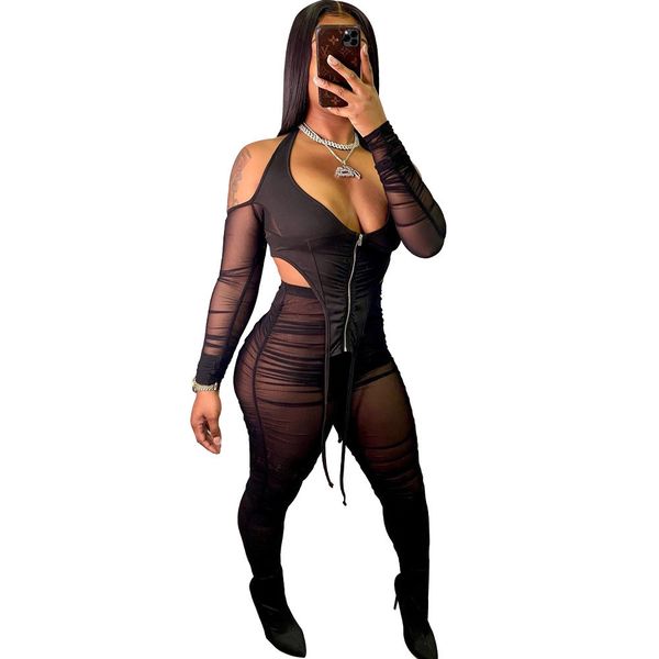 

women's two piece pants women set mesh designer new off shoulder irregular long sleeve zipper legging ladies casual t shirt su, White