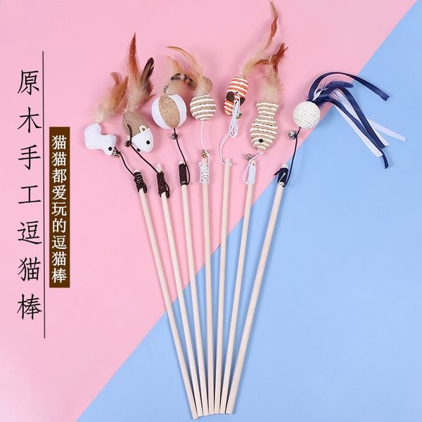 

wooden stick toy original wooden handmade feather bell mouse pet cat products