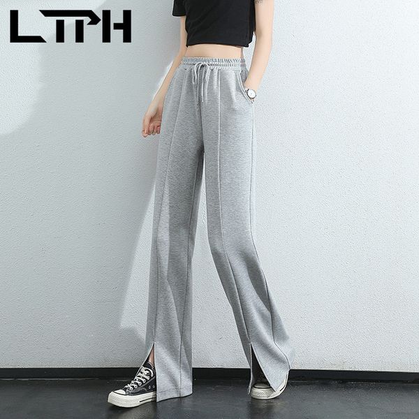 

gray texture loose casual wide leg pants women high waist straight split gym trousers drawstring sweatpants spring 210427, Black;white