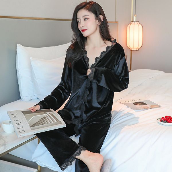 

women's sleepwear fdfklak -xxl plus size women's golden velvet homewear autumn female pajamas 2pieces set sleepwear pajamas for w, Black;red