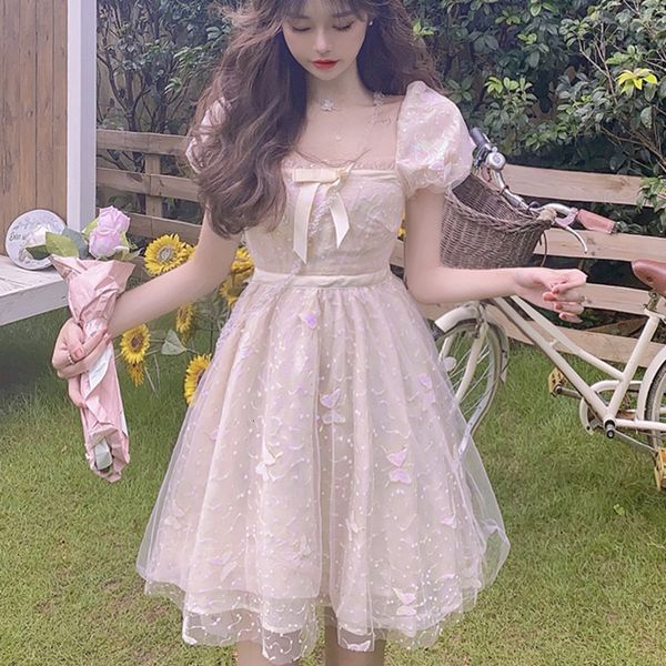 

casual dresses summer korean sweet chic bow bubble sleeve mesh fairy women square collar girl lovely princess mini party robes r1d, Black;gray