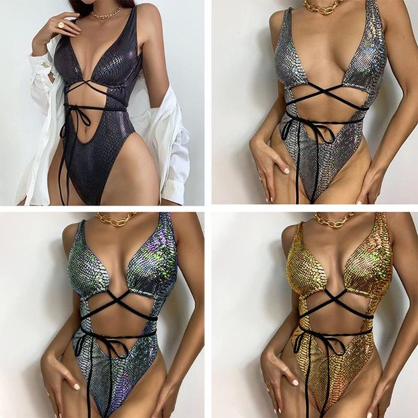 

women's swimwear bandage snakeskin monokini hollow out one piece swimsuit women bandeau bathing suit backless bodysuit largesize swim, White;black
