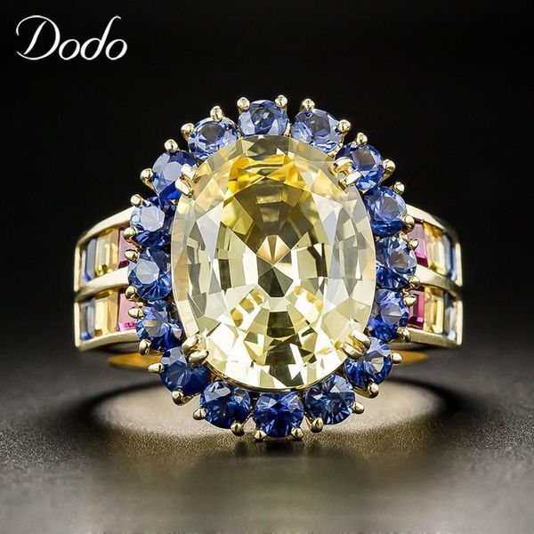 

wedding rings luxury large yellow blue stone zirconia ladies female antique gold color ring colorful jewelry woman bague anillos yr393, Slivery;golden