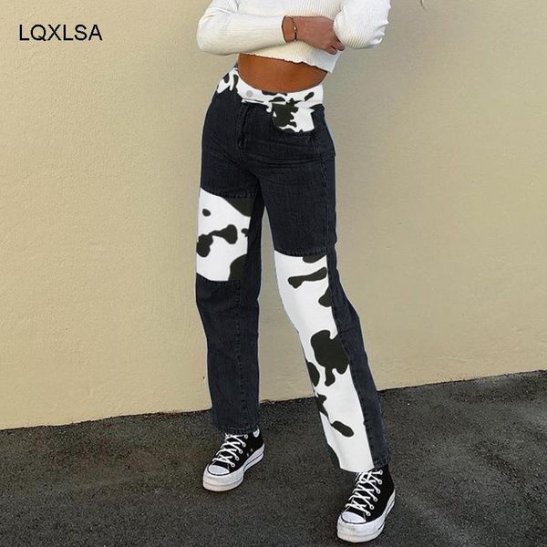 

weekeep patched punk cargo straight jeans women's high waist vintage streetwear denim pants cow print casual korean capris, Blue