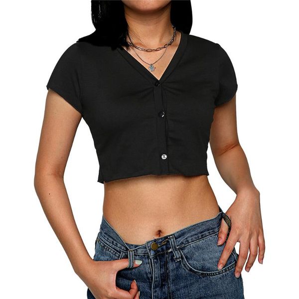 

women's t-shirt women fashion casual knitted button down t shirts short sleeve v neck thin ribbed cardigan crop slim party daily, White