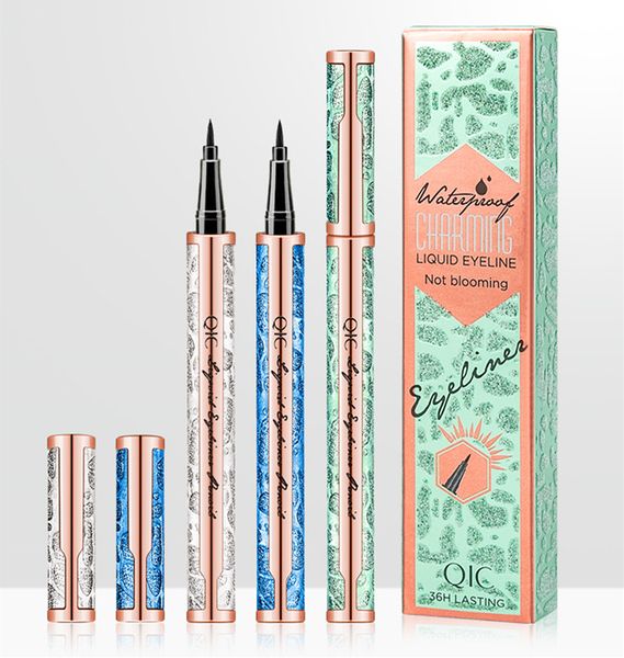 QIC À Prova D 'Água Starry Sky Eyeliner Lápis 3 Cores do tubo 24 horas Lida de longa duração de olho de olho de olho preto com caixa Não-florescendo ferramentas de maquiagem suave