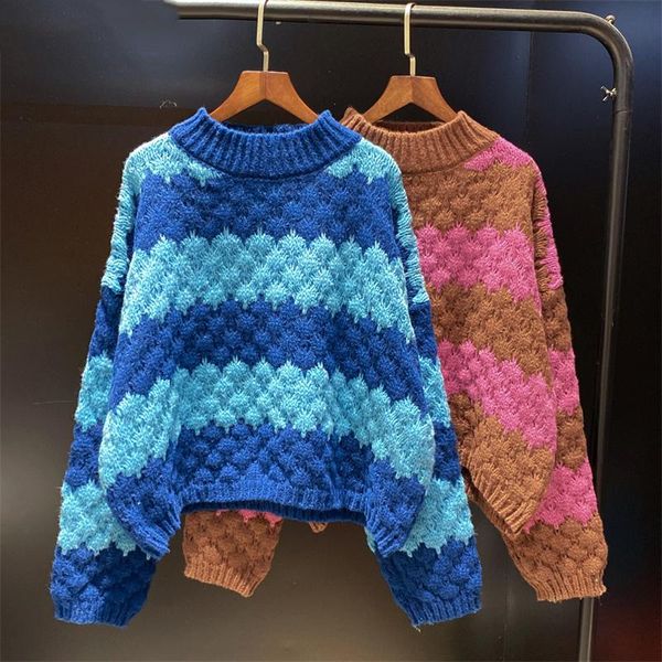 

women's sweaters [ewq] korea chic women casual sweater woman 2021 autumn loose stripe color contrast versatile knitting female 16e4699, White;black