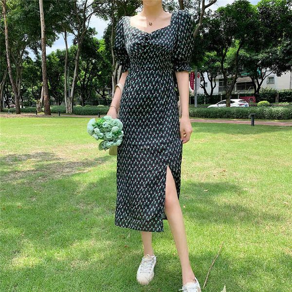 

dresses french floral tea break skirt square collar high waist long summer split elegant printed es female, Black;gray