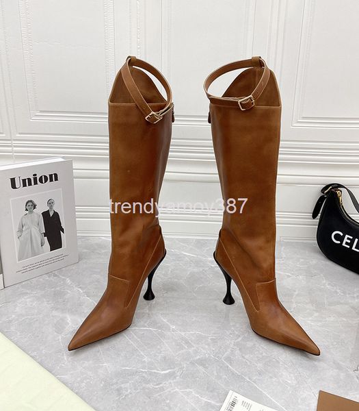 

boots belt buckle knight women's high tube boots pointed heel versatile one foot pedal shoes, Black