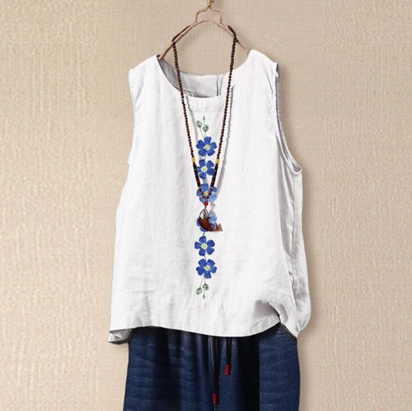 

women's blouses & shirts vintage tanks women summer sleeveless blouse floral printed shirt casual cotton linen blusas female loose ves, White