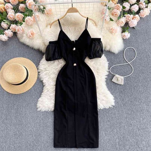 

summer elegant women off shoulder spaghetti straps v neck short sleeve slim split black dress female party dresses 210428, Black;gray