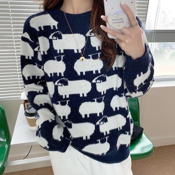 

women's sweaters vintage women o neck long sleeve streetwear cartoon korean autumn winter flower jumper femme harajuku elegant pullover, White;black