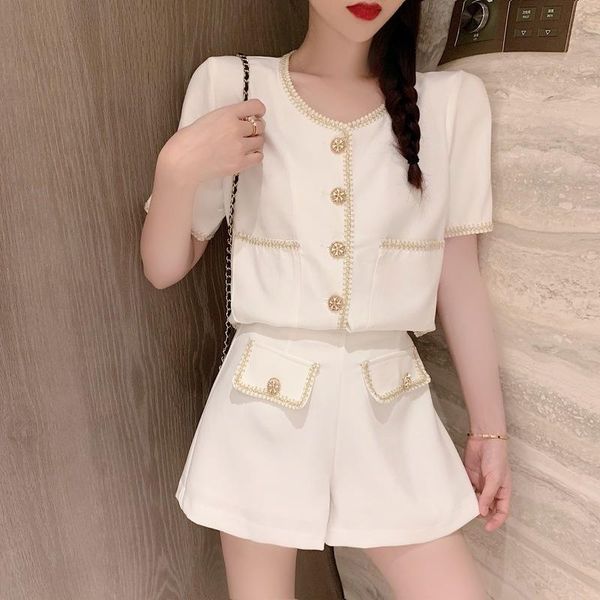 

women's tracksuits elegant suit women 2 piece sets summer korean chic single-breasted short sleeve cropped jacket + high waist shorts f, Gray
