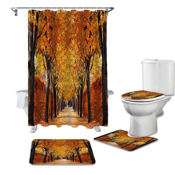 

shower curtains autumn forest road yellow fallen leaves curtain sets non-slip rugs toilet lid cover set waterproof bathroom