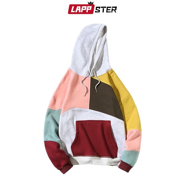 

lappster patchwork harajuku hooded hoodies mens sweatshirts couple vintage streetwear oversized clothing plus size 210420, Black