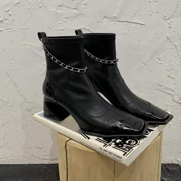 

boots women's square toe ankle with chain pull on shoes b256, Black