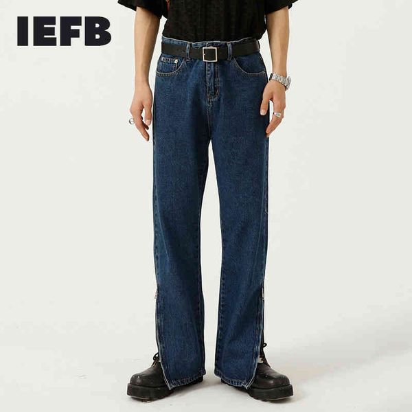 

iefb men's korean trend straight loose zipper design trend dark blue jeans men hip hop vintage denim trousers 9y7592 210524