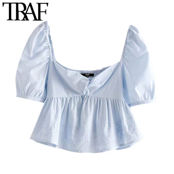 TRAF Mulheres Doce Forma Bordado Bordes Cropped Blusas Vintage Spruff Sleeve Back Elastic Feminino Camisas Chic Tops 210415