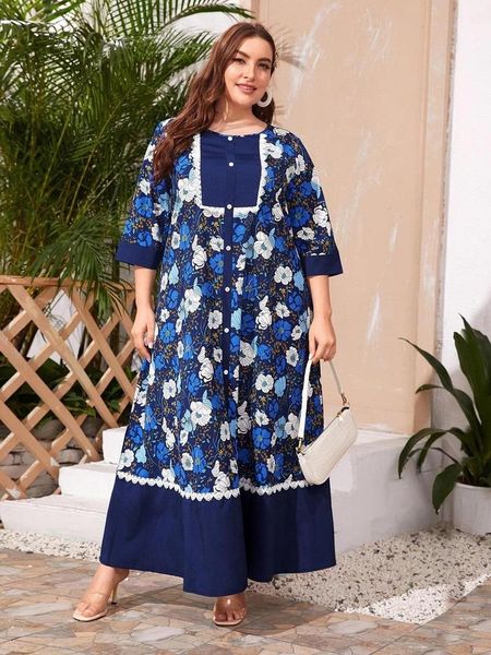 

muslim print floral maxi dress lace abaya hijab african dashiki vestidos kimono long robe gowns ramadan eid arab islamic casual dresses, Black;gray