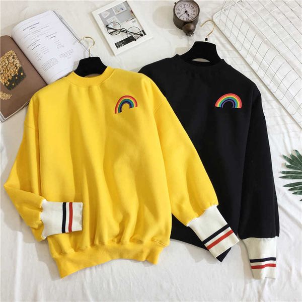 

korea large size casual cute fashion long sleeve loose rainbow sweatshirt female sweet cartoon pullovers 210608, Black