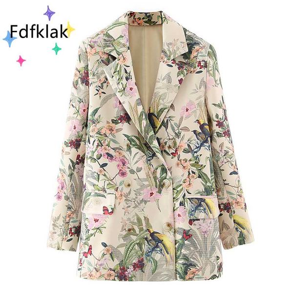 

women's suits & blazers fdfklak womens blazer double breasted flower bird print suit jacket loose big size coat fashion formal office 2, White;black