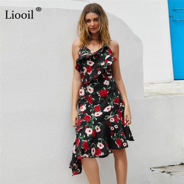 

casual dresses liooil floral print asymmetrical midi beach for women summer 2021 backless sleeveless black party dress elegant, Black;gray