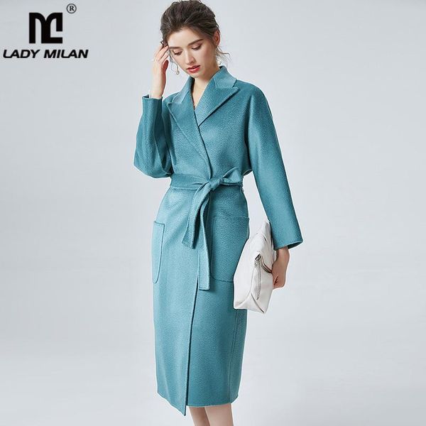 

women's wool & blends double cashmere coat turn down collar long sleeves overcoat winter outerwear front pockets with belt, Black