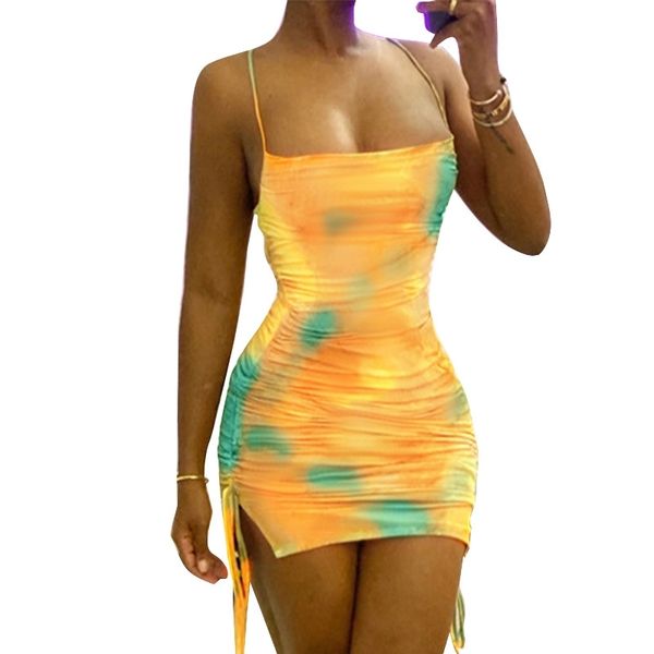 

yellow tie dyed print dress style slim mini skirt split drawstring hip wrap skirt, Black;red