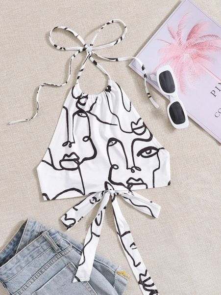 

figure graphic tied backless halter 61zg#, White