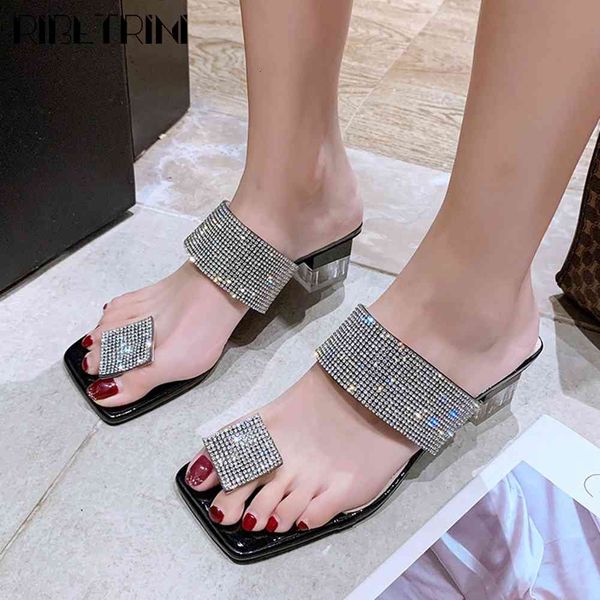 

sandals ladies fashion med clear heels shoes rhinestone decorating women sweet summer party date mules, Black