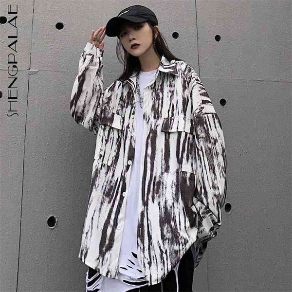 

tie dyed blouse women's spring lapel large size single breasted long sleeve shirt female fashion tide 5b862 210427, White