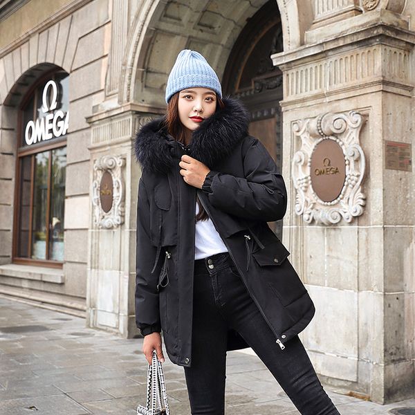 

down winter cotton coats women woollen lining big fur collar loose hooded jacket female casual solid warm parka, Black
