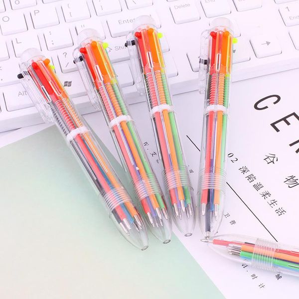 

korean stationery 6-color ballpoint pen transparent rod multi-function push colored oil rainbow pens, Blue;orange