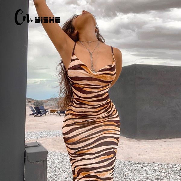 CNYISHE Outono Sexy Tigre Padrão Imprimir sem mangas Maxi Vestidos Mulheres Backless Long Spaghetti Strap Night Girls Dress Vestidos 210419