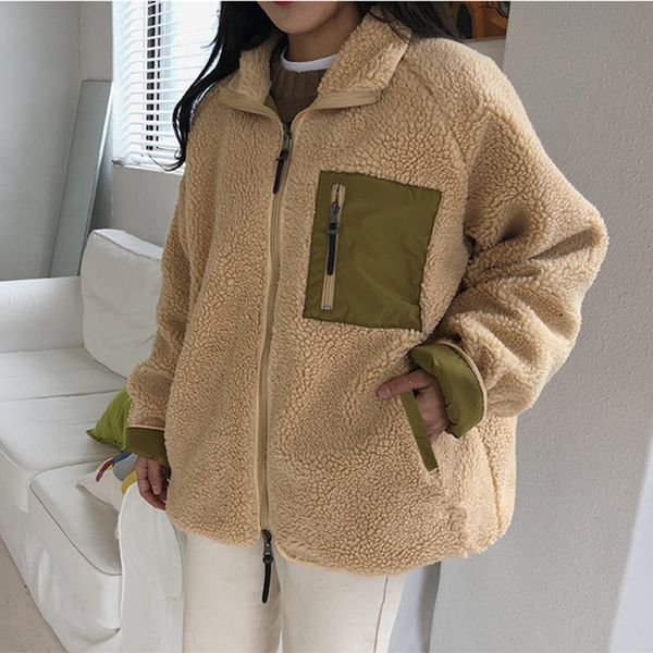 

autumn and winter lamb wool coat women's faux fur fleece coats stand-up collar zipper coat color matching trend, Black